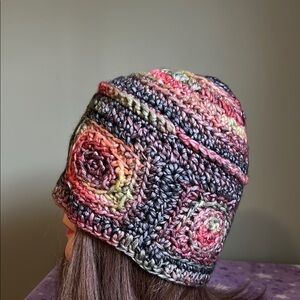 Crochet Beanie large multi colored foam acrylic yarn new